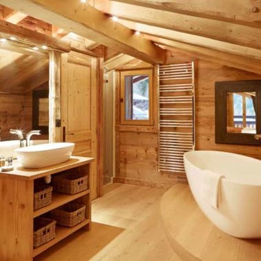 beautiful bathroom for after day of skiing on slopes in luxury ski chalet