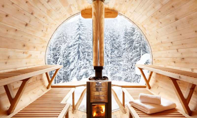 outdoor sauna with beautiful views of the ski slopes in the French Alps.