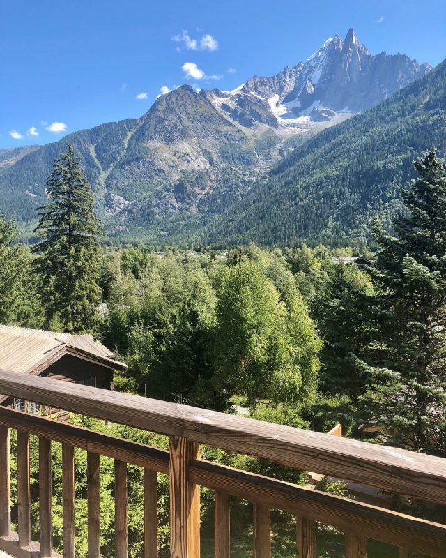 Summer view from balcony at Chamonix chalet Marmotte Mountain Eco Lodge